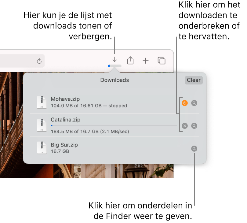 De knop 'Downloads' in de knoppenbalk, met daaronder de lijst met downloads.