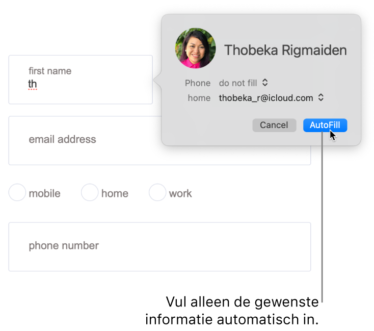 Een bestelformulier waarbij een contactpersoonkaart wordt weergegeven en automatisch invullen beschikbaar is.