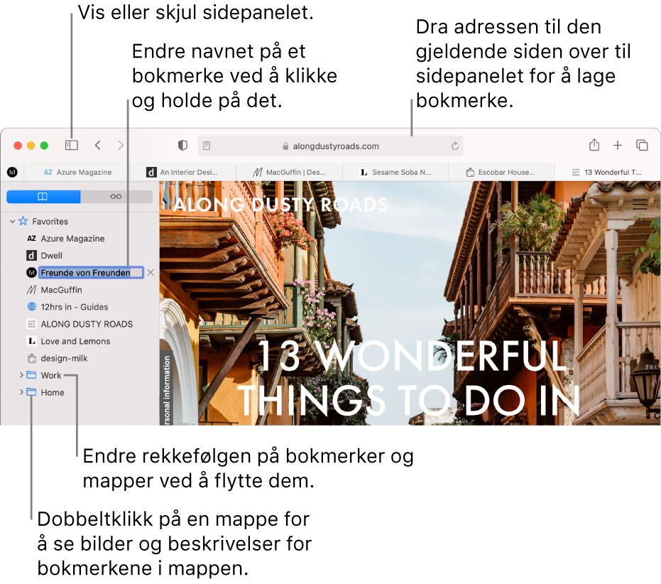 Et Safari-vindu med bokmerker i sidepanelet, hvor ett bokmerke er markert for redigering.