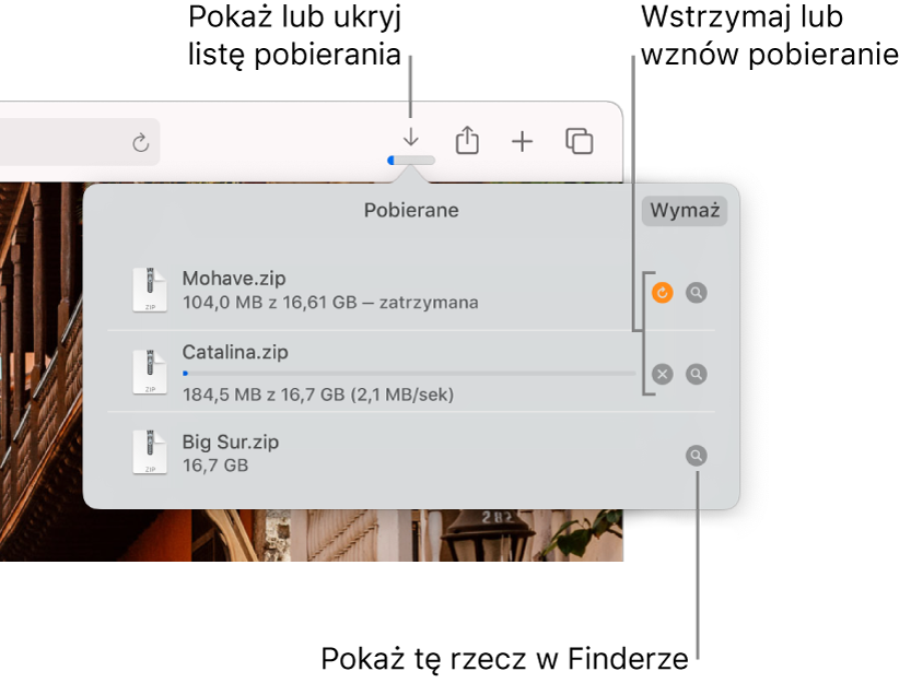 Przycisk pokazywania pobieranych rzeczy na pasku narzędzi. Poniżej tego przycisku widoczna jest lista pobierania.