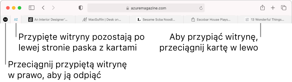 Przypięte witryny na pasku z kartami w Safari.