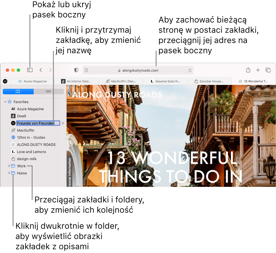 Okno Safari z zakładkami na pasku bocznym. Jedna z zakładek jest zaznaczona do edycji.