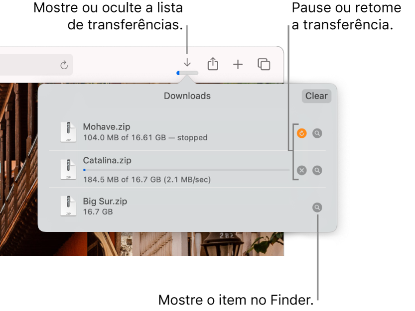 O Botão Transferências na barra de ferramentas, com a lista de transferência abaixo.
