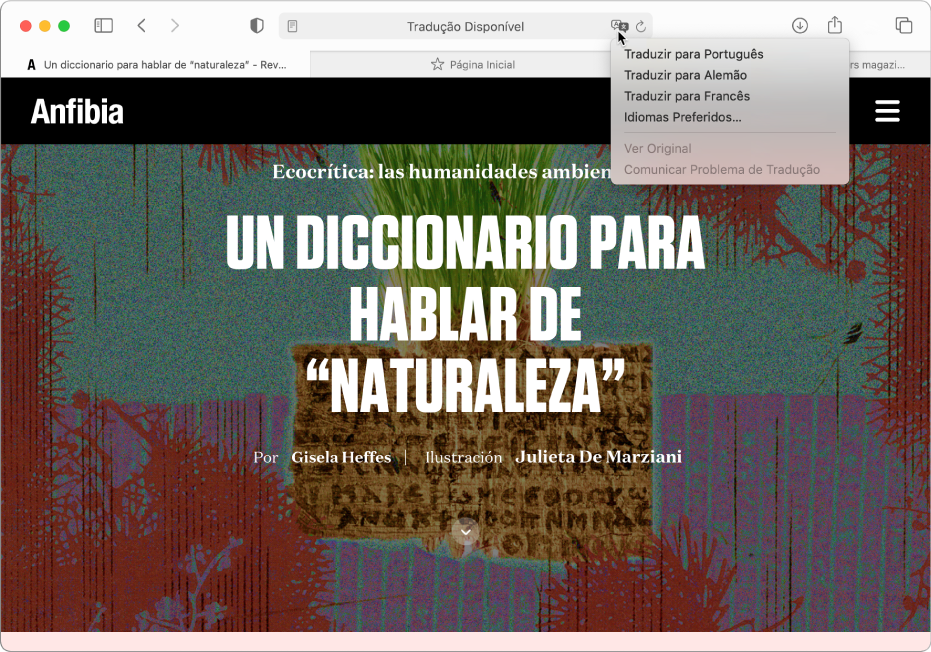 Uma página web no idioma espanhol. O campo de Busca Inteligente inclui um botão Traduzir e mostra uma lista de idiomas disponíveis.