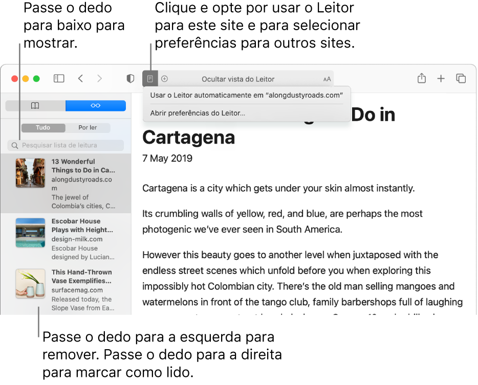 Uma janela do Safari com uma lista de leitura apresentada.