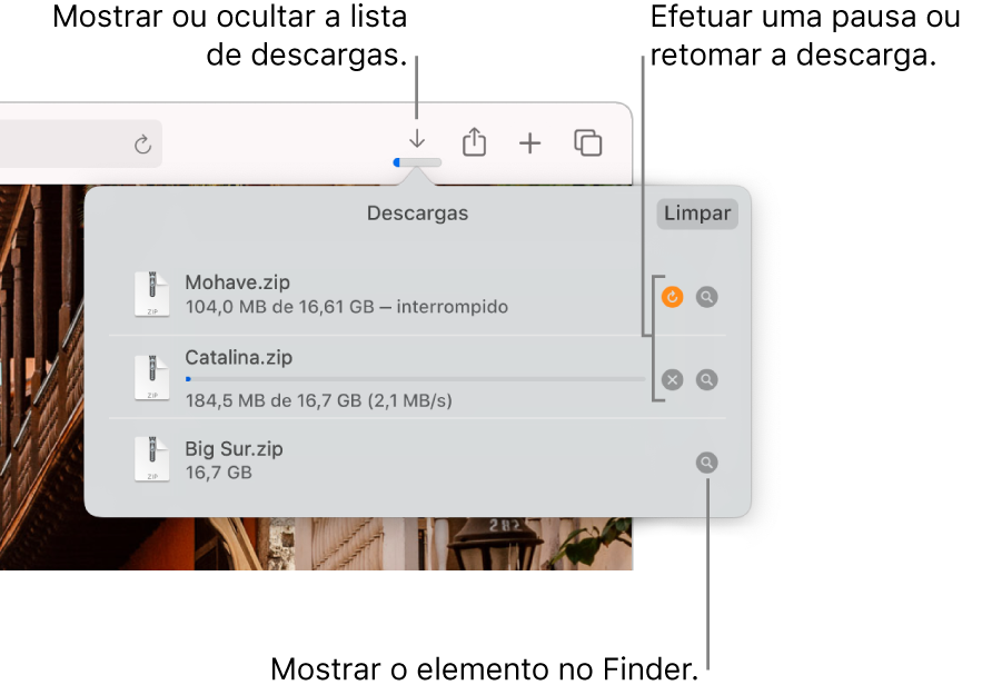 O botão Descargas na barra de ferramentas com a lista de descargas por baixo.