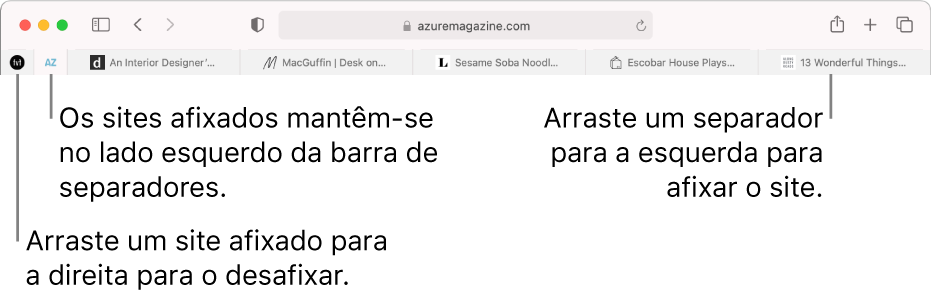 Sites afixados na barra de separadores do Safari.
