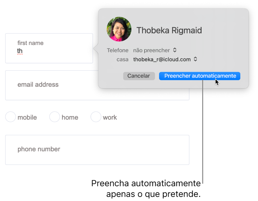 Um formulário de envio com uma ficha de contacto apresentada e a opção de preenchimento automático disponível.