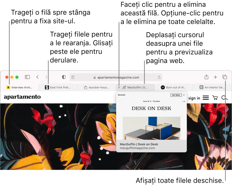 Fereastra Safari cu mai multe file deschise, cu cursorul peste o filă care arată o previzualizare a paginii web.