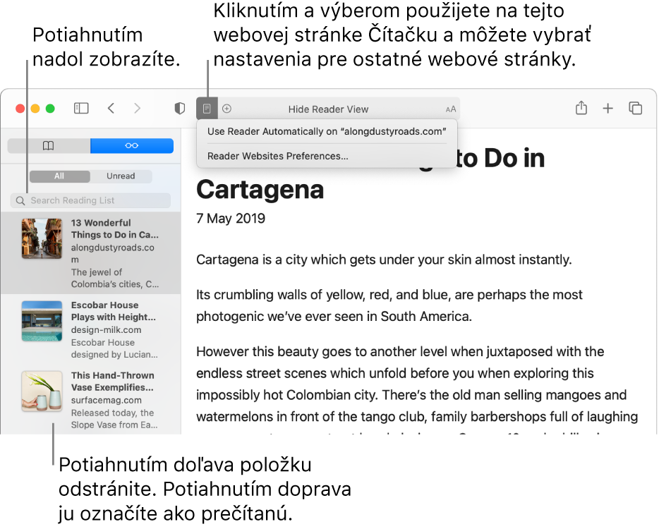 Okno Safari so zobrazeným zoznamom Na prečítanie.