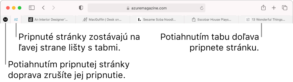 Pripnuté stránky v lište s tabmi Safari.