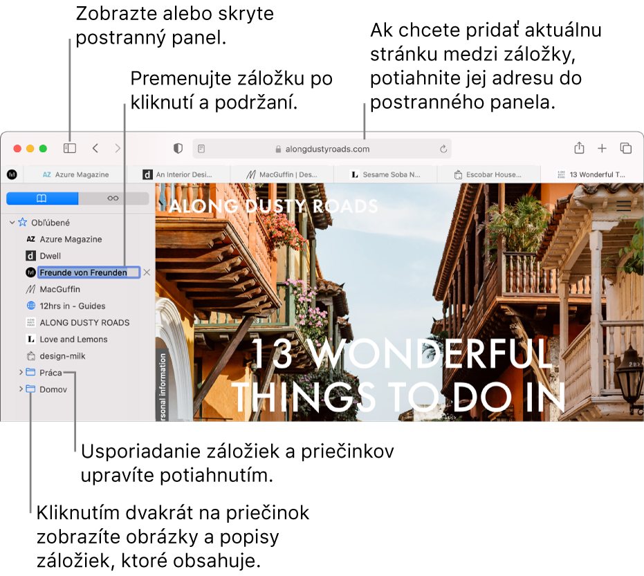 Okno Safari zobrazujúce záložky v postrannom paneli. Jedna záložka je vybraná na úpravu.