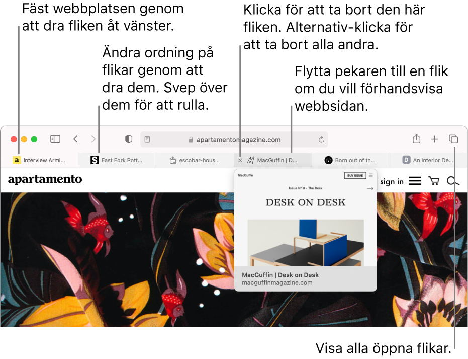 Safari-fönstret med flera öppna flikar och pekaren ovanpå en flik där en förhandsvisning av webbsidan syns.