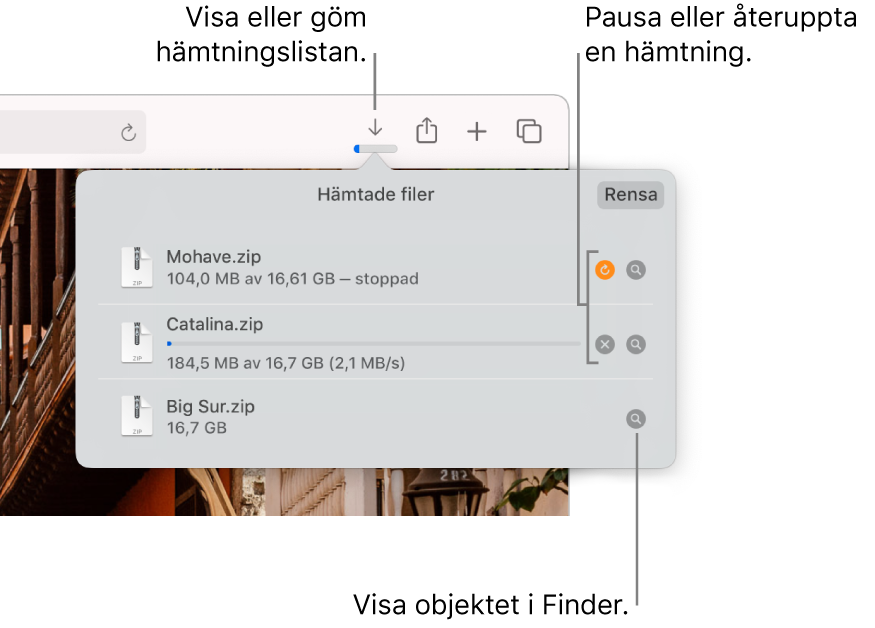 Knappen för hämtade filer i verktygsfältet med listan över hämtade filer nedanför.