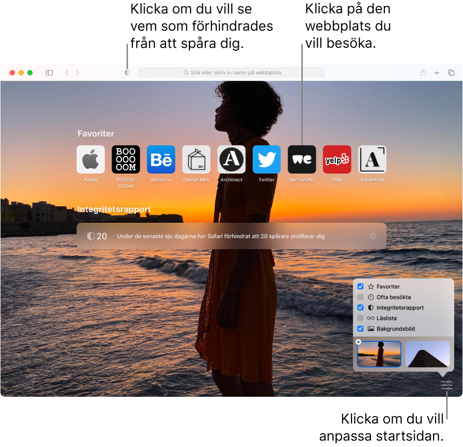 Safaris startsida som visar favoritwebbplatser, en sammanfattad integritetsrapport, läslisteartiklar och startsidealternativ.