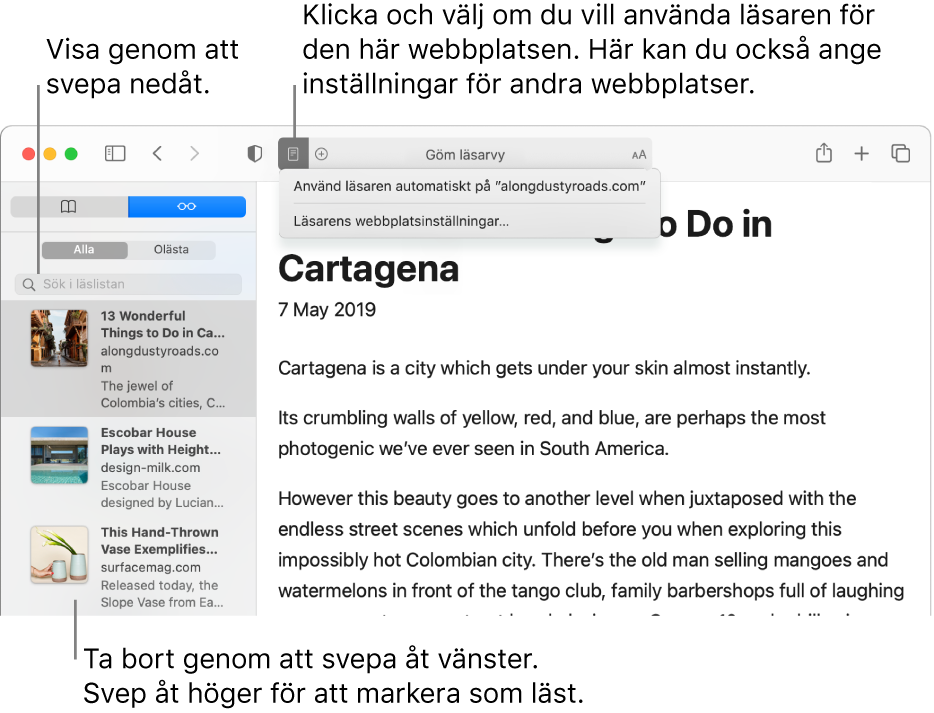 Ett Safari-fönster med en läslista.