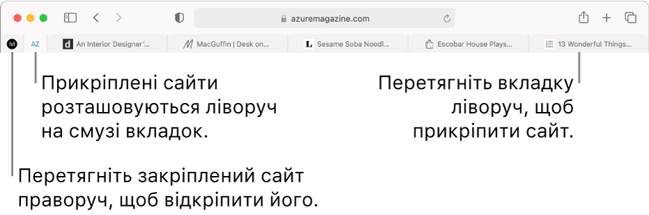 Закріплені сайти на смузі вкладок Safari.
