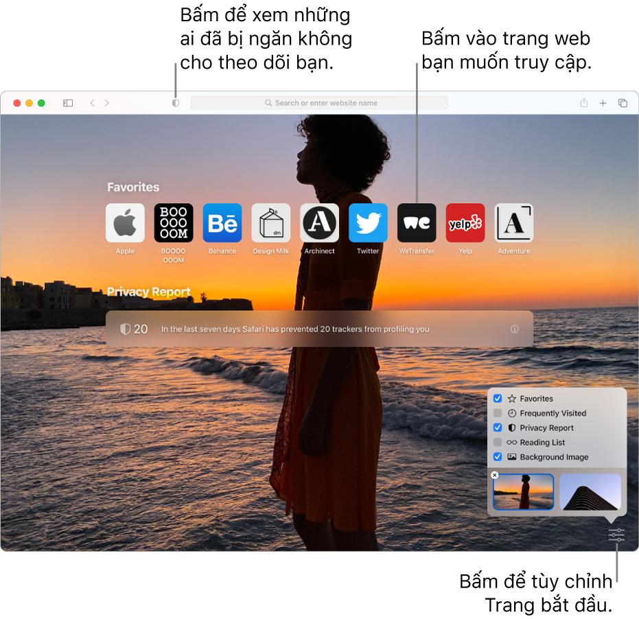 Trang bắt đầu của Safari, đang hiển thị các trang web ưa thích, tóm tắt Báo cáo quyền riêng tư, bài viết Danh sách đọc và tùy chọn trang bắt đầu.
