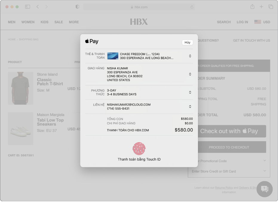 Trang web mua sắm phổ biến cho phép Apple Pay và chi tiết giao dịch mua của bạn bao gồm thẻ tín dụng được tính tiền, thông tin giao hàng, thông tin cửa hàng và giá mua hàng.