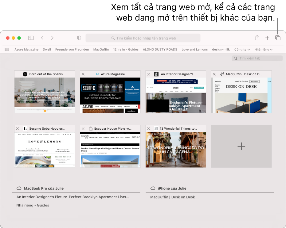 Thanh công cụ, đang hiển thị nút “Hiển thị tổng quan tab”.