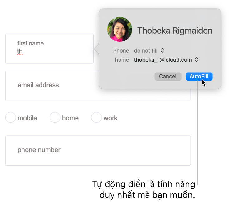 Biểu mẫu giao hàng với thẻ liên hệ được hiển thị và có sẵn Tự động điền.