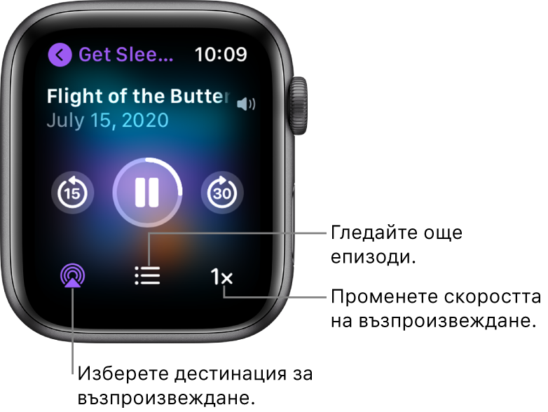 Екран Now Playing (Сега се изпълнява) на Podcasts (Подкасти), показващ заглавието на програмата, заглавието на епизода, датата, бутона за преминаване назад с 15 секунди, бутона пауза, бутона за преминаване напред с 30 секунди, бутона AirPlay, бутона за епизодите и бутона за скорост на възпроизвеждане.