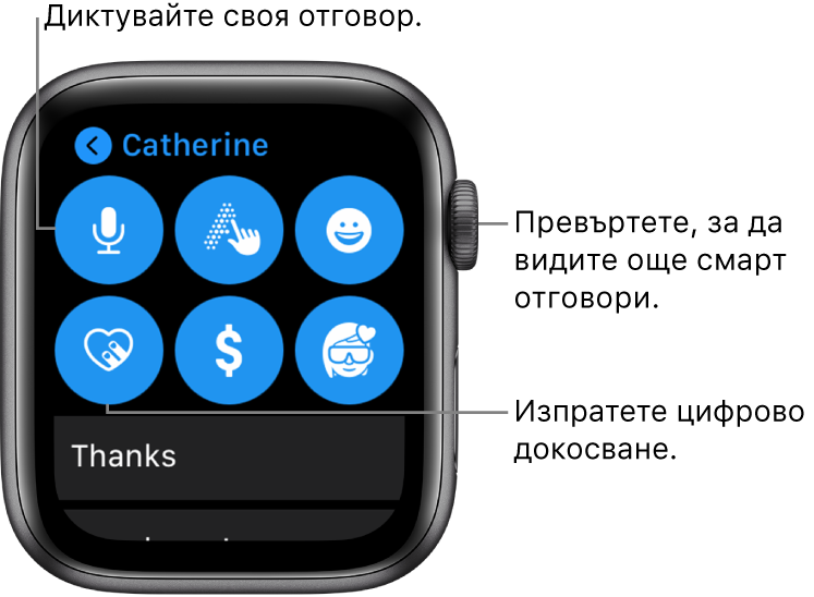Екранът за отговор, показващ бутоните Dictate (Диктовка), Scribble (Ръкопис), Emoji, Digital Touch (Цифрово докосване), Apple Pay и Memoji. Отдолу са готовите отговори. Завъртете коронката Digital Crown, за да видите още готови отговори.