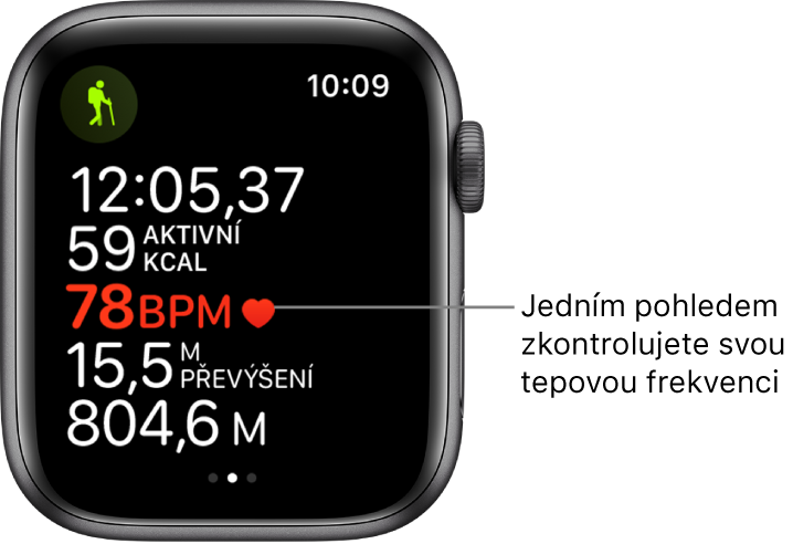 Obrazovka se statistikami cvičení zahrnujícími uplynulý čas a tepovou frekvenci.