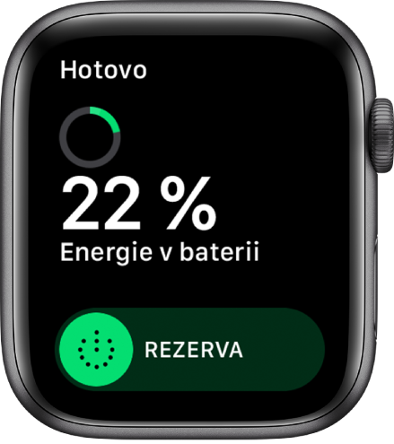 Obrazovka Rezerva s tlačítkem Hotovo vlevo nahoře, zbývajícími procenty energie v baterii a jezdcem Rezerva
