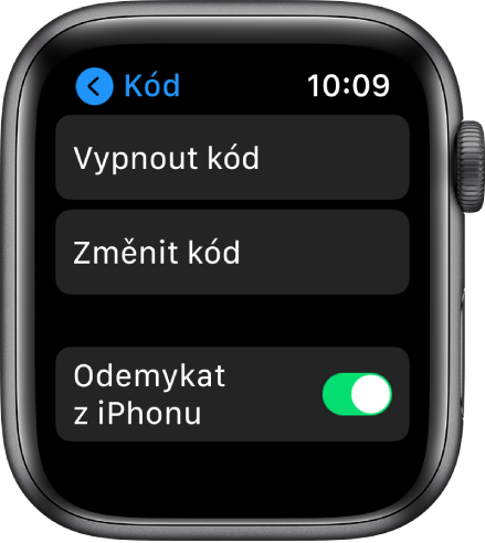Nastavení přístupového kódu na Apple Watch s tlačítkem „Vypnout kód“ nahoře, tlačítkem „Změnit kód“ pod ním a přepínačem „Odemykat z iPhonu“ dole