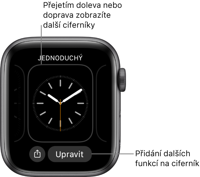 Po podržení prstu na ciferníku se pod aktuálním ciferníkem zobrazí tlačítka Sdílet a Upravit. Přejetím doleva nebo doprava zobrazíte další volby ciferníku. Chcete‑li na ciferník přidat další funkce, klepněte na požadovanou komplikaci.