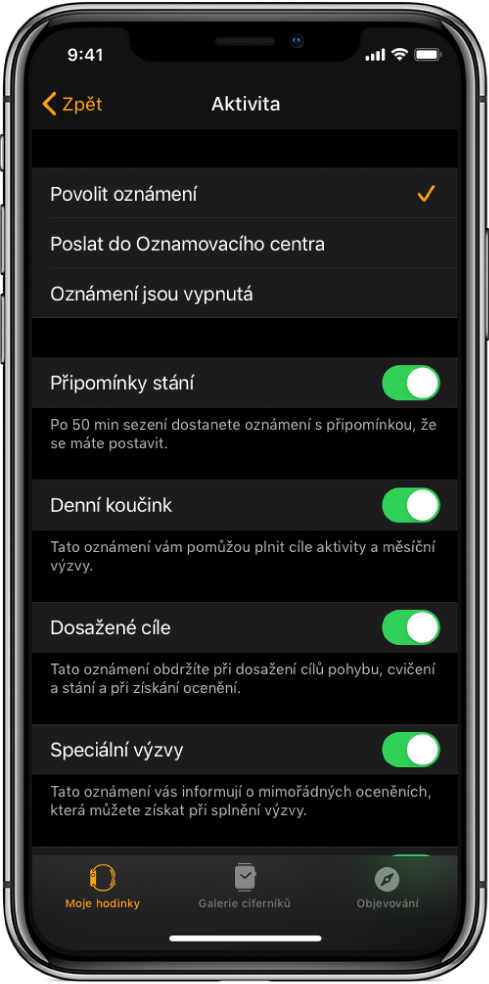 Obrazovka Aktivita v aplikaci Apple Watch, kde můžete určit, jaká oznámení chcete dostávat.