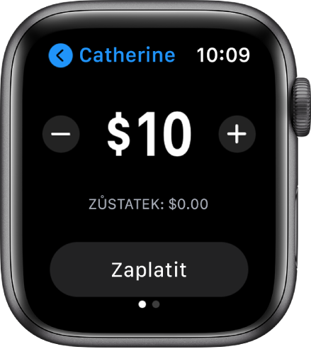 Obrazovka aplikace Zprávy s připravovanou platbou přes Apple Cash. Nahoře je uvedená částka s tlačítky minus a plus po stranách. Pod ní se zobrazuje aktuální zůstatek a dole tlačítko Zaplatit.