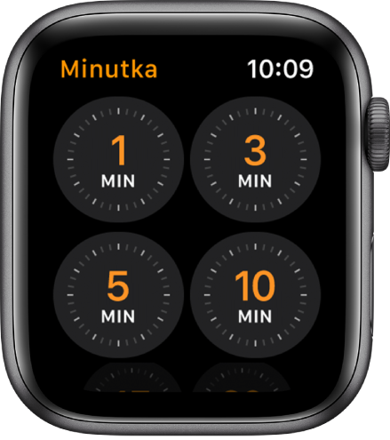 Obrazovka aplikace Minutka s rychlými volbami nastavení minutky na 1, 3, 5 a 10 minut.