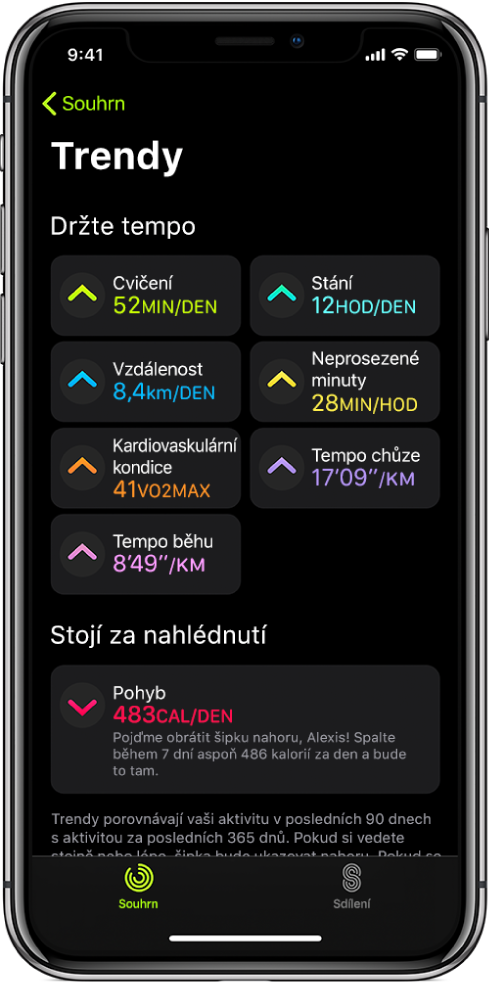 Panel Trendy v aplikaci Aktivita na iPhonu. Pod záhlavím Trendy u horního okraje obrazovky se zobrazuje řada různých údajů, například Cvičení, Stání, Vzdálenost a další. Pod záhlavím Stojí za nahlédnutí se nachází položka Pohyb.