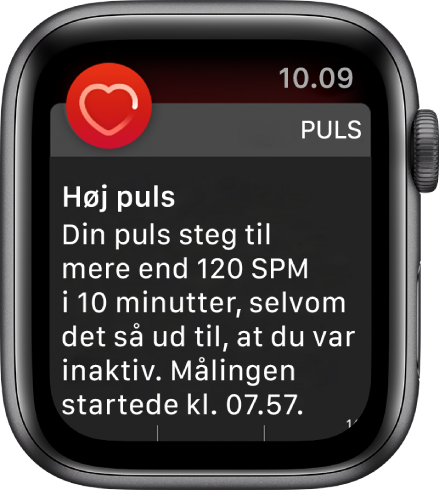 Skærmen Høj puls, der viser en notifikation om, at din puls steg til mere end 120 spm, mens du har været passiv i 10 minutter.