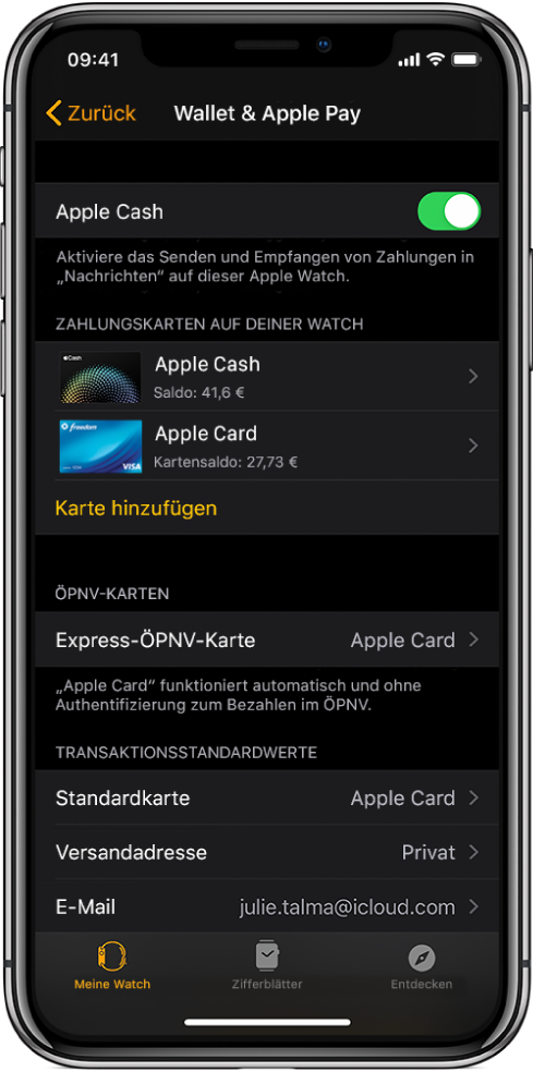 Bildschirm „Wallet & Apple Pay“ in der App „Apple Watch“ auf dem iPhone. Es werden die Karten angezeigt, die du zur Apple Watch hinzugefügt hast, sowie die Express-ÖPNV-Karten und die Standardeinstellungen für Transaktionen.