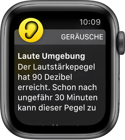 Die Anzeige „Geräusche“ mit einem Pegel von 100 dB. Darunter wird ein Hinweis angezeigt, der dich vor einer langfristigen Belastung durch Geräusche mit diesem Pegel warnt.