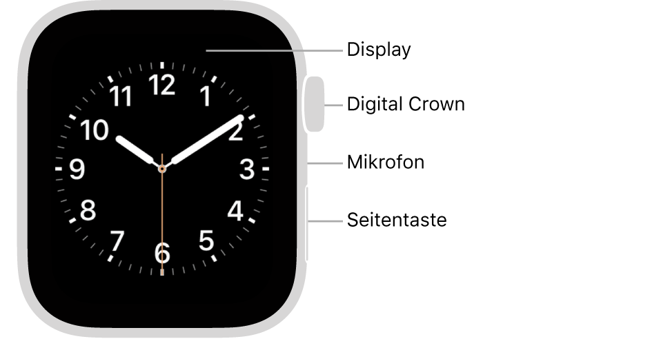 Die Vorderseite Apple Watch Series 6 mit einem Zifferblatt auf dem Display; an der Seite sind von oben nach unten die Digital Crown, das Mikrofon und die Seitentaste zu sehen.