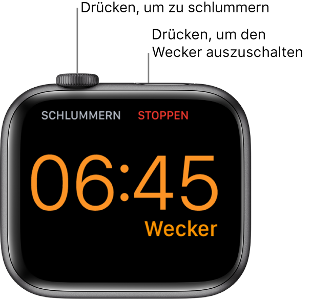 Eine auf der Seite liegende Apple Watch mit einem klingelnden Wecker. Unter der Digital Crown befindet sich das Wort „Schlummern“. Unter der Seitentaste ist das Wort „Stopp“ zu sehen.