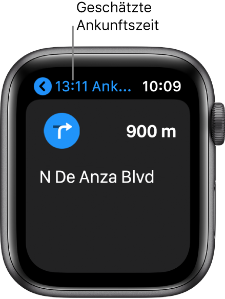 Die App „Karten“ zeigt oben links die geschätzte Ankunftszeit, den Namen der Straße, bei der du abbiegen musst, und die Entfernung bis zum Abbiegen.
