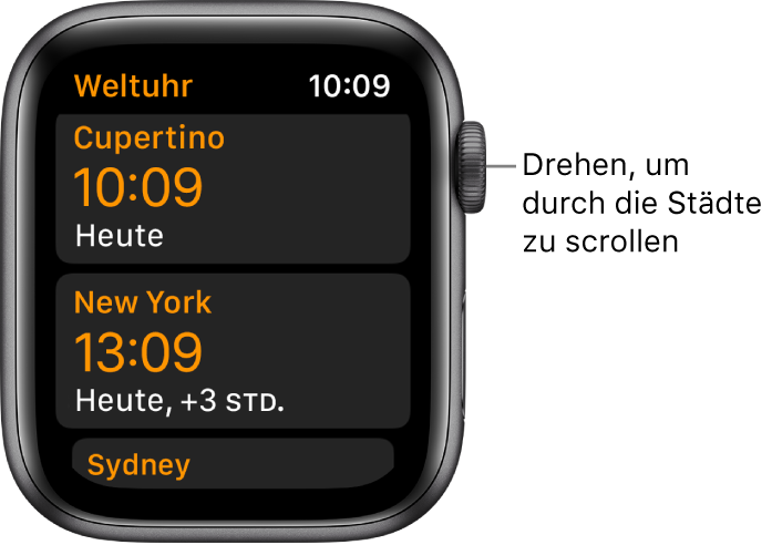 Die App „Weltuhr“ mit der Städteliste und einer Scrollleiste.