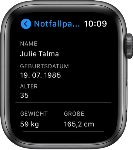 Die Anzeige „Notfallpass“ mit Benutzernamen, Geburtsdatum, Alter, Gewicht und Größe des Benutzers.