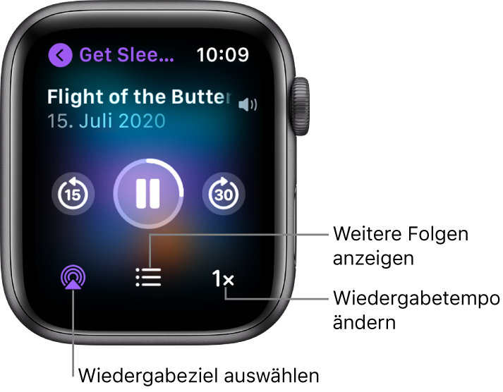 Die Anzeige „Jetzt läuft“ für einen Podcast mit den Titeln von Sendung und Folge, dem Datum, den Tasten zum Zurückspringen von 15 Sekunden, zum Anhalten und zum Vorspringen von 30 Sekunden, der Taste „AirPlay“, der Taste für die Folgen und einer Taste für das Wiedergabetempo.