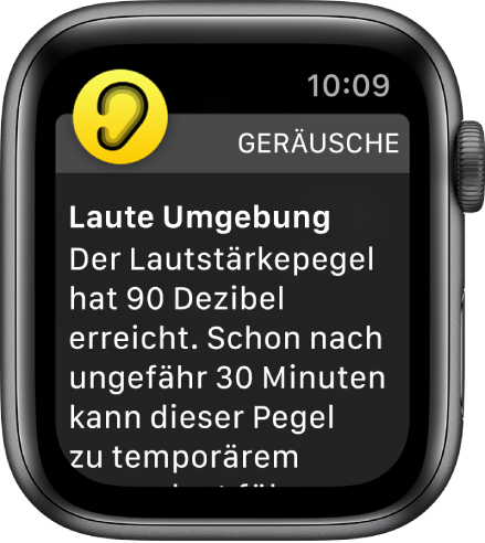Ein Hinweis der App „Geräusche“ auf einen Lautstärkepegel von 90 Dezibel. Darunter wird eine Warnung angezeigt, die auf die Folgen hinweist, wenn du diesem Geräuschpegel über längere Zeit ausgesetzt bist.