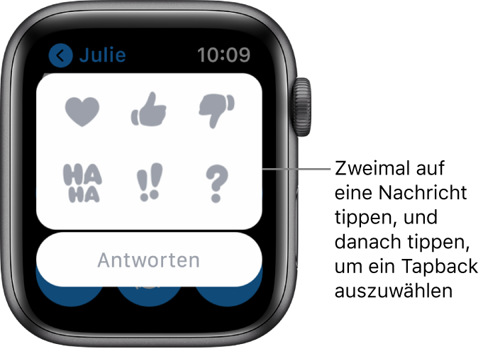 Eine Konversation in „Nachrichten“ mit Optionen für Tapback: Herz, Daumen hoch, Daumen runter, Ha Ha, !! und ?. Darunter befindet sich die Taste „Antworten“.
