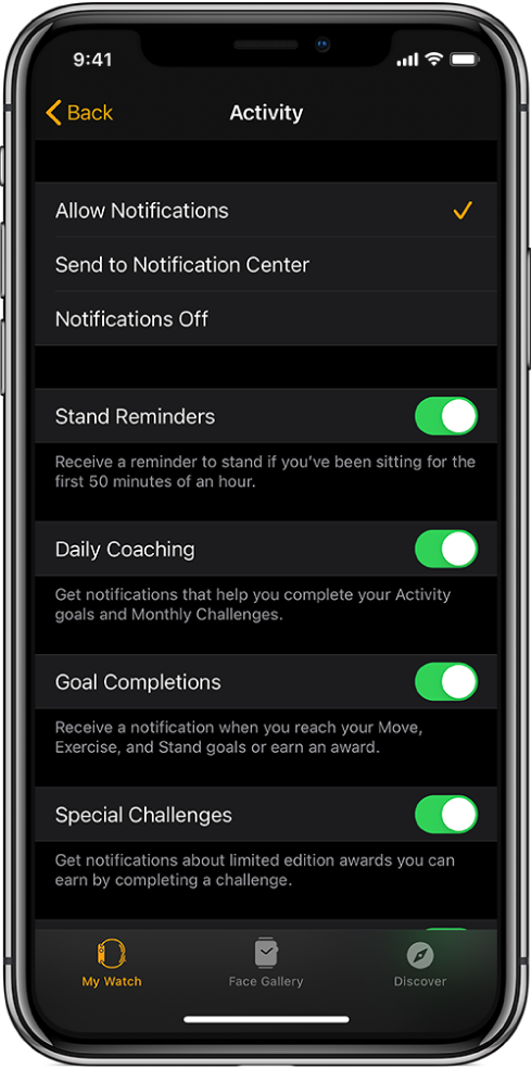 The Activity screen in the Apple Watch app, where you can customize the notifications you want to get.