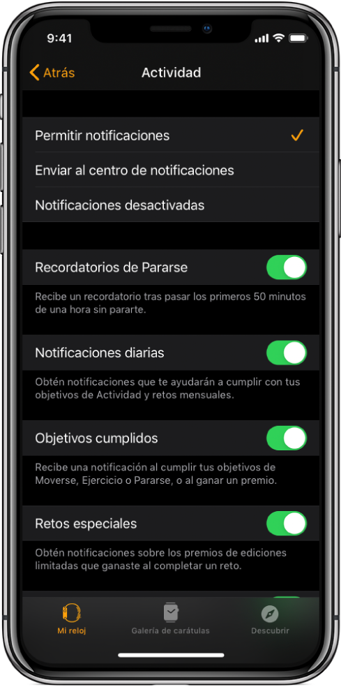 La pantalla Actividad en la app Apple Watch, en donde puedes personalizar las notificaciones que deseas obtener.