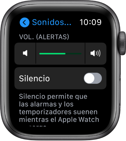 Configuración "Sonidos y vibración" en el Apple Watch, con el regulador "Volumen de alerta" en la parte superior y el botón del modo Silencio debajo de él.
