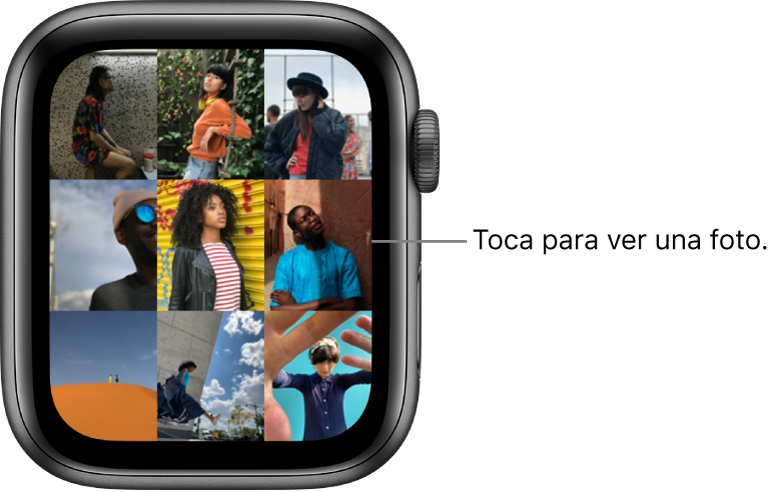 La pantalla principal de la app Fotos en el Apple Watch con varias fotos en una cuadrícula.